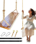 Outdoor And Indoor Wooden Swing For Adults And Kids With Adjustable Hemp Rope And Tree Straps, 24x8x1.2 Inch Wood Seat with woman sitting