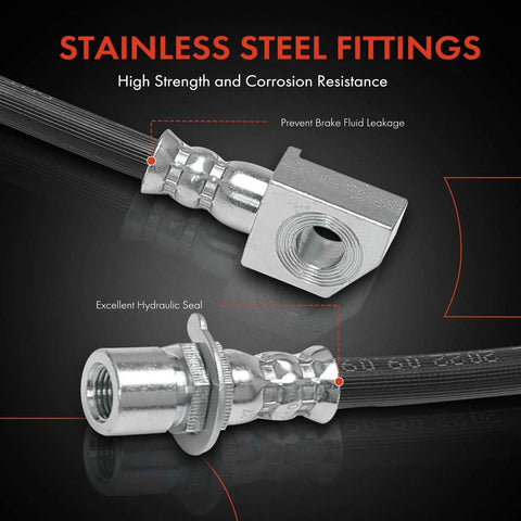 Close-up of stainless steel fittings on Front Brake Hydraulic Hose Pair For Ford F150 2010 2011 Front Left And Right Driver And Passenger Side Replacement Truck Ready V6 And V8 Engines No Bracket End Fittings Pack Of 2.