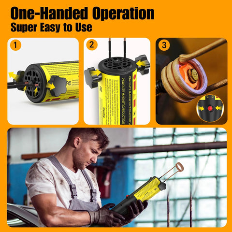 Yellow handheld induction heater 1200W for bolt removal with six coils, shown in a workshop.
