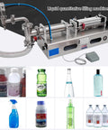 Horizontal Pneumatic Liquid Filling Machine Stainless Steel Single Head Bottle Filler with various liquid containers displayed.