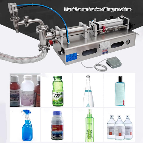 Horizontal Pneumatic Liquid Filling Machine Stainless Steel Single Head Bottle Filler with various liquid containers displayed.