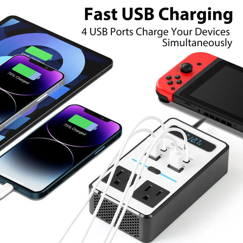 Car Power Inverter DC 12V To 110V AC Converter With Dual AC Outlets And 65 Watt USB C Fast Charger Plug Into Lighter Socket Keep Your Setup Juiced Up Seamless On Every Journey with smartphones charging.