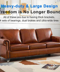 Brown leather sofa equipped with 4 inch heavy duty industrial caster wheels set of 4 with dual locking brakes, designed for easy mobility.
