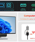 Plug And Play USB Computer Speakers For Desktop PC And Laptop Tiny Monitor Soundbar With Deep Bass That Cranks Up Loud Wired External Speaker Clamp On Monitor Mount USB C Ready Works With Windows Mac Chrome Linux, showing setup and features with monitor.