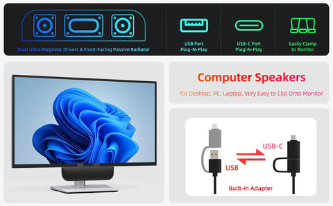 Plug And Play USB Computer Speakers For Desktop PC And Laptop Tiny Monitor Soundbar With Deep Bass That Cranks Up Loud Wired External Speaker Clamp On Monitor Mount USB C Ready Works With Windows Mac Chrome Linux, showing setup and features with monitor.