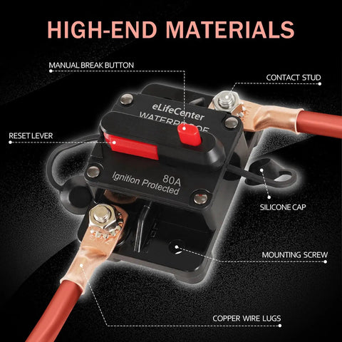 Pro Grade Manual Reset 80 Amp Dc Circuit Breaker With Quick Toggle Switch For 12 To 48 Volt Systems Dual Pack close-up with reset lever and contacts.