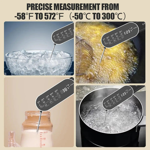 Rechargeable Digital Meat Thermometer With Ultra Fast 0.5 Second Instant Read And Plus Or Minus 0.5 Degree Fahrenheit Accuracy testing temperatures of ice, oil, milk, and water in kitchen pots.