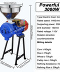 High Power 3000W Electric Grain Grinder Mill, 110V, with funnel, detailed features and specifications shown, heavy-duty design.