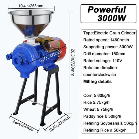 High Power 3000W Electric Grain Grinder Mill, 110V, with funnel, detailed features and specifications shown, heavy-duty design.