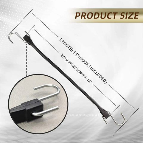 15 Inch EPDM Bungee Tarp Straps 10 Pack With 150 Percent Stretch, showing product length and S-hooks details