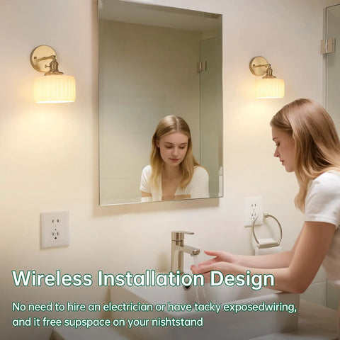 Woman using faucet under Vintage Battery Operated Wall Sconce With White Striped Glass Lampshade in bathroom.