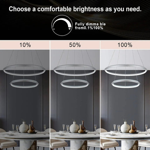 Two Ring Diamond LED Chandelier Pendant Light Dimmable Cool White 6000K Adjustable Modern Fixture over dining table with dimming options