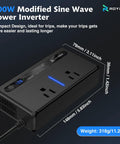 300W Car Power Inverter With Dual 110V AC Outlets and Heavy Duty Cigarette Lighter Plug Adapter showing compact design and dimensions.