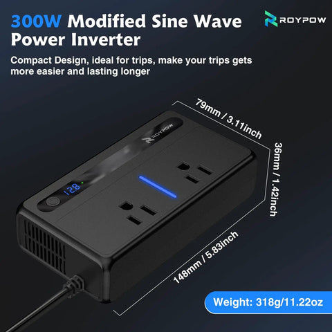 300W Car Power Inverter With Dual 110V AC Outlets and Heavy Duty Cigarette Lighter Plug Adapter showing compact design and dimensions.