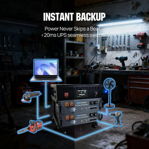 5120Wh SL3500 Stackable Power Station With Solar Inverter in a workshop, powering tools and fan, showing versatility