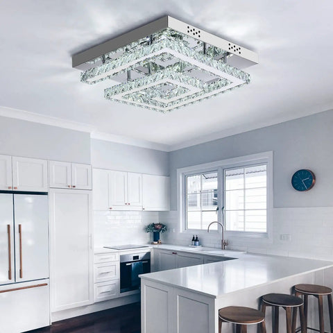 Modern Crystal Chandelier 16 Inch, Adjustable LED Lighting With 3 Color Temperatures, Dimmable Ceiling Light in a kitchen setting