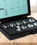 Hella Versatile 10 Piece Router Template Guide Bushing Set With Molded Carry Case Compatible With Porter Cable Sub Bases, includes bushings and lock nuts.