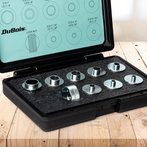 Hella Versatile 10 Piece Router Template Guide Bushing Set With Molded Carry Case Compatible With Porter Cable Sub Bases, includes bushings and lock nuts.