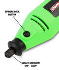 Badass Heavy Duty Corded Rotary Tool With 35 Piece Accessory Kit, Smooth Operator showing spindle lock button and collet capacity.