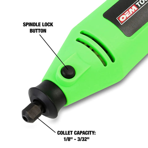 Badass Heavy Duty Corded Rotary Tool With 35 Piece Accessory Kit, Smooth Operator showing spindle lock button and collet capacity.