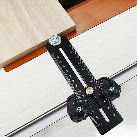 Precision setup of Rock Solid Aluminum Thin Rip Jig For Precision Woodworking Projects on a table saw with measurements.