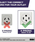 Image showing 3 prong NEMA 10-30 and 4 prong NEMA 14-30 outlets, illustrating correct cord selection for heavy duty 4 prong dryer cord.