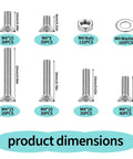 488 Piece M4 Screws Set With Bolts And Nuts Countersunk Hex Socket Flat Head Screws Machine Bolts And Nuts Assortment Includes Spanner Heavy Duty Carbon Steel Rust Resistant High Hardness And Strength Silver Finish product dimensions chart.