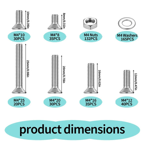 488 Piece M4 Screws Set With Bolts And Nuts Countersunk Hex Socket Flat Head Screws Machine Bolts And Nuts Assortment Includes Spanner Heavy Duty Carbon Steel Rust Resistant High Hardness And Strength Silver Finish product dimensions chart.