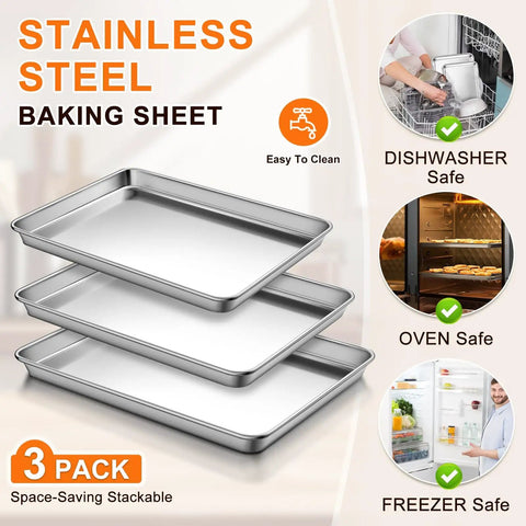 Heavy Duty Baking Sheet Set Of 3 For Home Bakers Commercial Grade Stainless Steel Cookie Sheets in 12, 16, and 17.5 inch sizes