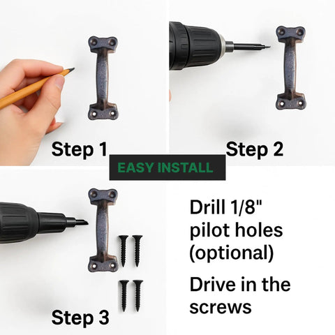 Easy install guide for Heavy Duty Cast Iron Fence Gate Handles 4 Pack Rustic Barn Door Pulls showing step-by-step instructions.