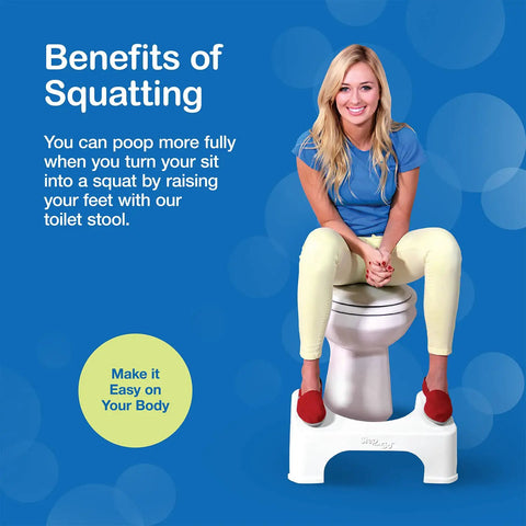 Woman using 7 Inch Toilet Stool For Squatting To Make Pooping Easier, Helps Open Your Colon Naturally, Reduces Strain On Your Back