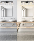 Matte Black 4 Light Crystal Vanity Light Over Mirror for Bathroom with framed mirror and wooden countertop.