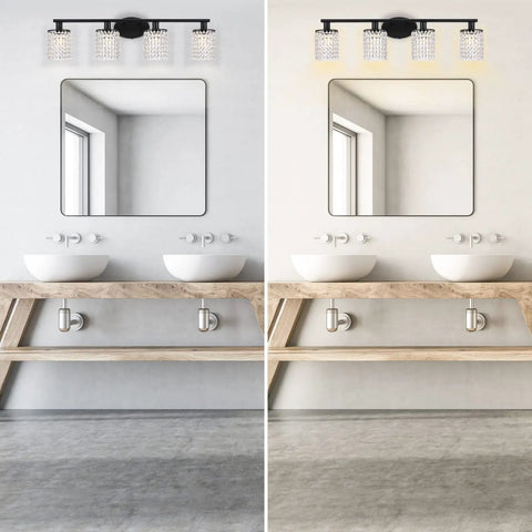 Matte Black 4 Light Crystal Vanity Light Over Mirror for Bathroom with framed mirror and wooden countertop.