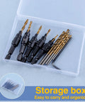 Smooth Operator Countersink Drill Bit Set For Woodworking Features Five Precision Tapered Heads With Bonus Replacement Inserts 82 Degree Chamfer And Heavy Duty Titanium Coating For Cabinet Makers And DIY Projects Everywhere in clear storage box.
