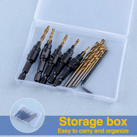 Smooth Operator Countersink Drill Bit Set For Woodworking Features Five Precision Tapered Heads With Bonus Replacement Inserts 82 Degree Chamfer And Heavy Duty Titanium Coating For Cabinet Makers And DIY Projects Everywhere in clear storage box.