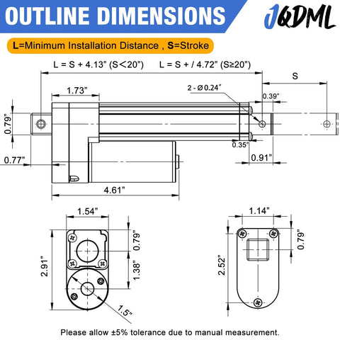 Diagram of 12V High Speed Linear Actuator With 8 Inch Stroke And 66 Lb Load, showing dimensions and installation measurements.