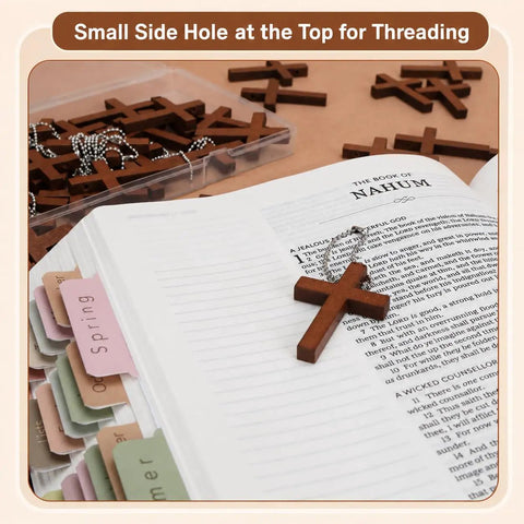 Hella Sturdy Wooden Cross Charms Bulk Pack Of Sixty Pocket Size Beads With Pre Drilled Hole For DIY Necklace Projects And Religious Craft Supplies Top Shelf Quality on open book.