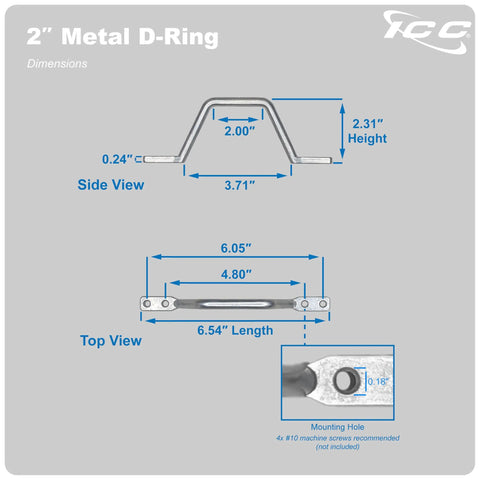 Diagram of 2 Inch Metal Cable Distribution D Ring 25 Pack for Horizontal and Vertical Wall Cable Organization with dimensions.