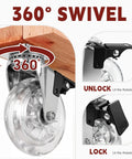 Set Of 4 Heavy Duty 4 Inch Transparent Polyurethane Swivel Casters With Lock Brake Quiet 360 Spin Rolls Like Butter On Hard Surfaces showing 360° swivel mechanism with clear caster.
