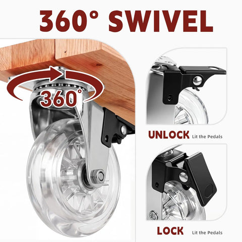 Set Of 4 Heavy Duty 4 Inch Transparent Polyurethane Swivel Casters With Lock Brake Quiet 360 Spin Rolls Like Butter On Hard Surfaces showing 360° swivel mechanism with clear caster.