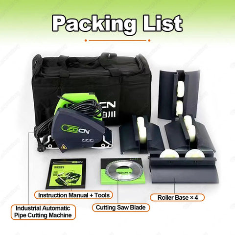 Quick Slice Handheld Electric Pipe Cutter Adjustable 3200RPM set including roller bases, saw blade, and instruction manual.