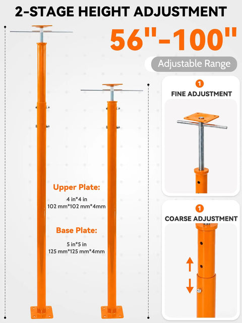 Built To Last Adjustable Screw Floor Jacks 2 Pack With 56 To 100 Inch Range showcasing 2-stage height adjustments and steel construction.