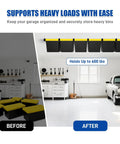Installation of Heavy Duty 7 Pack Overhead Garage Storage Rack for Six Bins showing before and after in a garage.