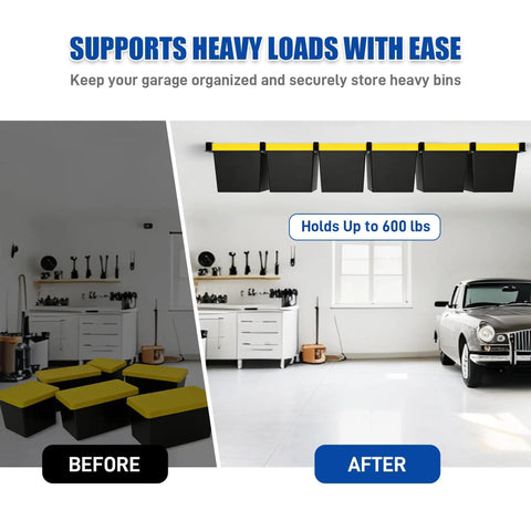 Installation of Heavy Duty 7 Pack Overhead Garage Storage Rack for Six Bins showing before and after in a garage.