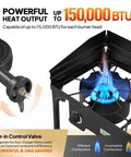 Go To Two Burner Outdoor Camp Stove With Wind Panel And 150000 BTU Propane Burner cooking flame and control valve