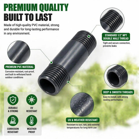 Five Pack Sprinkler Riser Extensions One Half Inch Male Pipe Thread Two Inch Length Easy Install PVC Double Male Connector