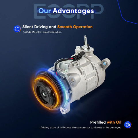Bulletproof Heavy Duty AC Compressor For Chevrolet Silverado Tahoe Suburban GMC Sierra No Sweat Direct Swap Kit For 4.3L 5.3L 6.2L Gas V8 Trucks close-up with pre-filled oil.