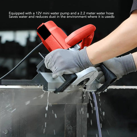 Electric Tile Bevel Cutter With 13000Rpm Motor Delivers Clean 43 Degree Chamfer Cuts Like Butter While Running Smooth As Silk Heavy Duty Aviation Aluminum Base Handles Massive 2.2M Tiles US Plug 110V in action with water hose.