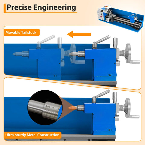 Top Tier 8 By 30 Inch Mini Precision Metal Lathe Machine With 750 Watt Variable Speed Control showing movable tailstock and sturdy metal construction.