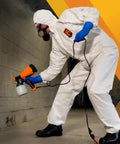 Reflex Liquid And Particle Protection Coveralls Workhorse With respirator fit hood and storm flap zip, used in liquid handling